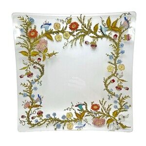 Vintage Dorothy Thorpe Square Glass Tray Painted Flowers Glassware Decorative